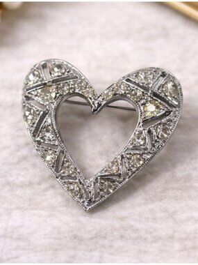 Vintage Silver Tone Rhinestone Heart Brooch Romantic Statement Pin